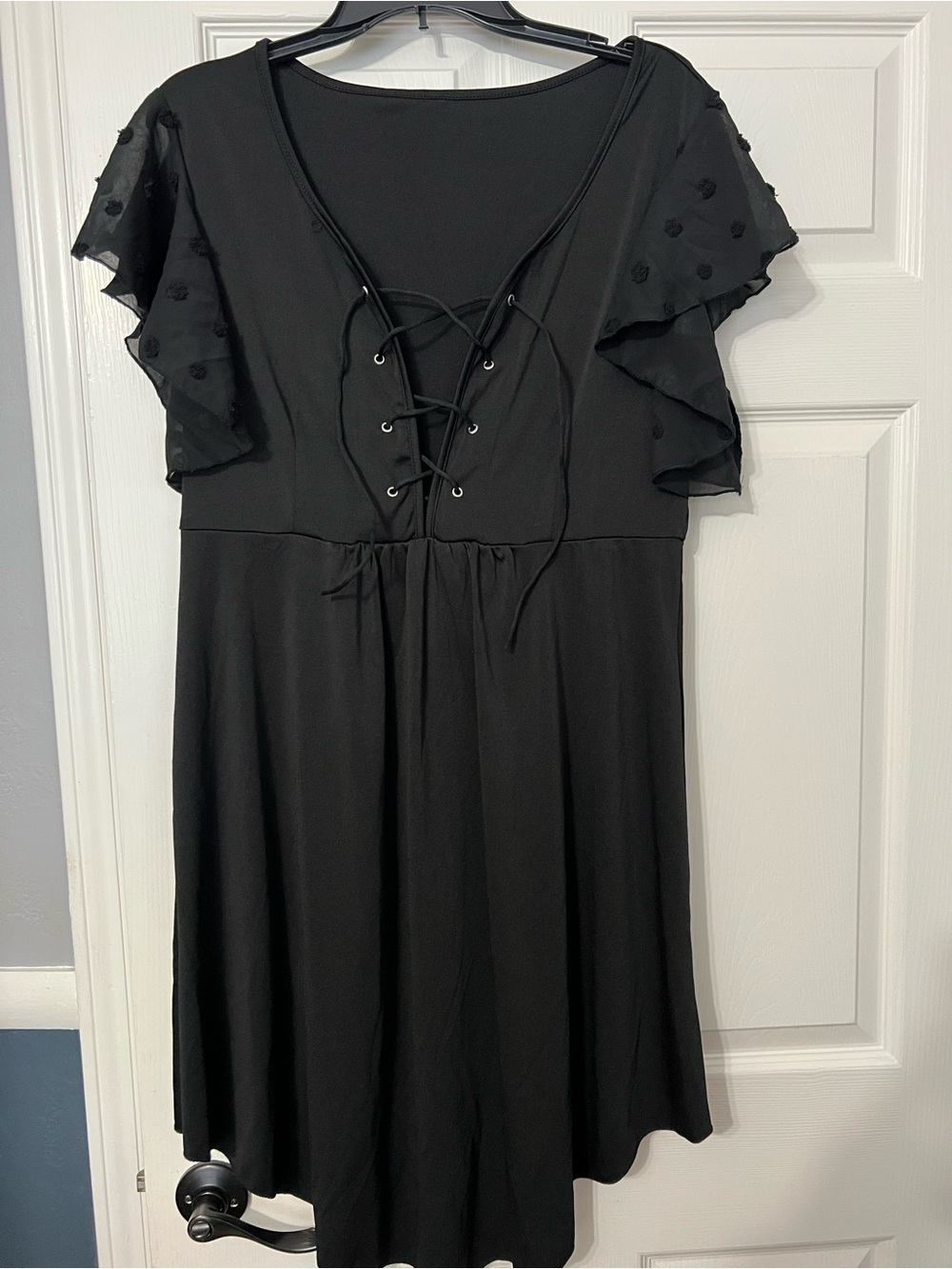 SHEIN Black Lace-Up V-Neck Mini Dress with Flutter Sleeves